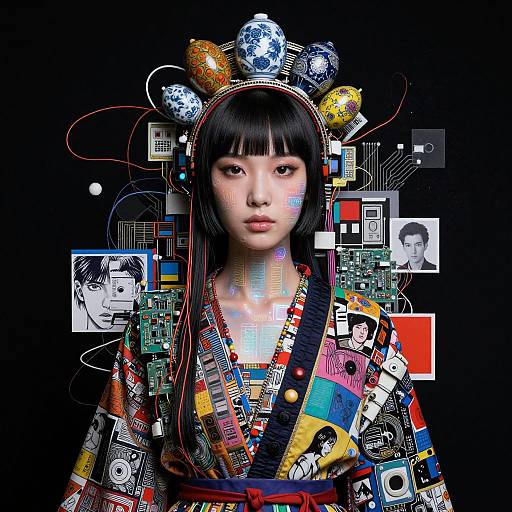 Digital art of an Asian woman in a colorful, patterned kimono adorned with circuit boards, electronic components, and face images, against a black background