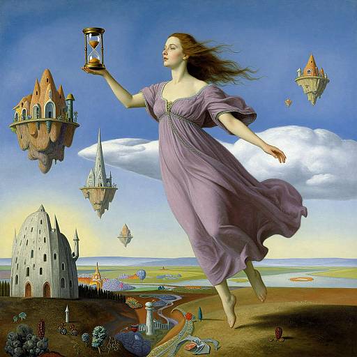Magical painting of a floating woman in a purple dress holding a lantern, surrounded by floating castles and a surreal landscape.