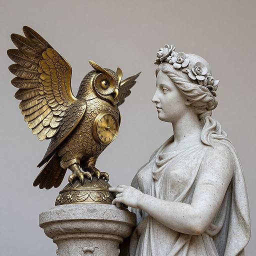 Photograph of a white marble statue of a woman with a flower crown, gently touching a golden, detailed owl perched on a pedestal.