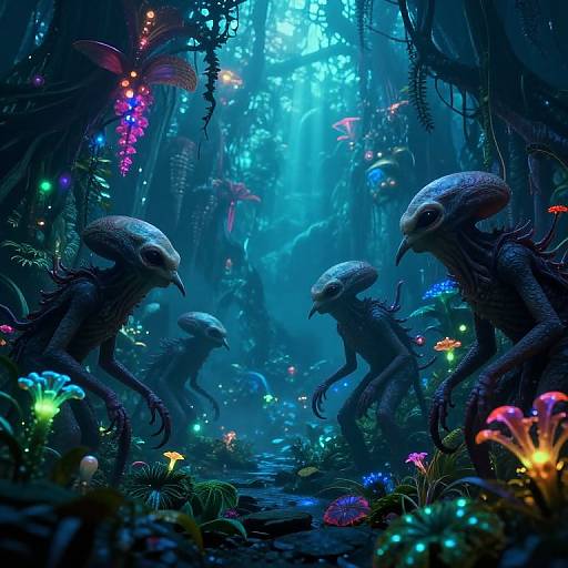 Digital fantasy art: Four eerie, bird-headed creatures with scaly skin in a vibrant, bioluminescent jungle, surrounded by glowing mushrooms and colorful
