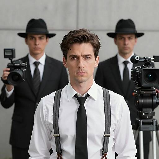 Man in White Shirt with Film Crew in Background