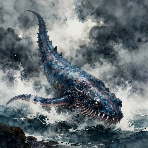 Watercolor Kraken in Stormy Seas