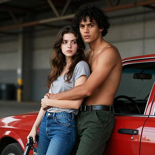 Couple Embracing Near Red Car with Gun