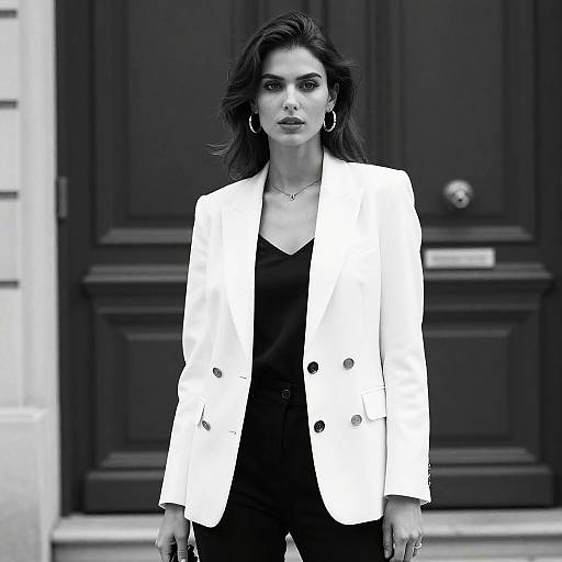 Photograph of a confident woman with dark hair, wearing a white blazer over a black top, standing in front of a dark wooden door. Mon