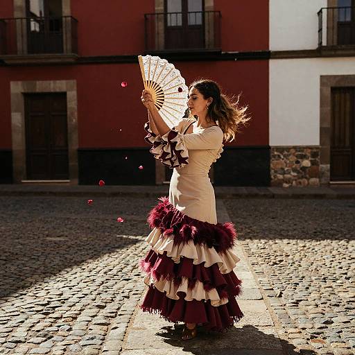 Photograph of a woman in a white, ruffled, maroon dress, holding a translucent fan, dancing on a sunlit cobblestone street