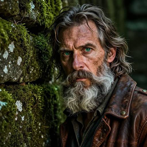 Photograph of a rugged, middle-aged man with long, gray beard, green eyes, and wet, wavy hair, wearing a brown leather jacket