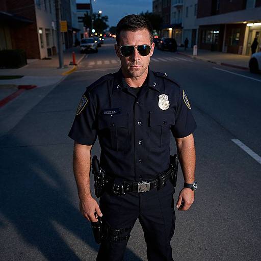 Photograph of a serious male police officer in black uniform, sunglasses, and badge, standing on an empty street at dusk.