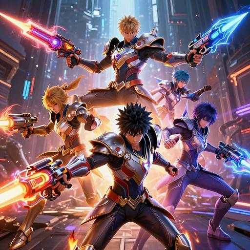 Dynamic anime-style CGI of five armored warriors with glowing guns, in a futuristic, neon-lit cityscape, ready for battle.