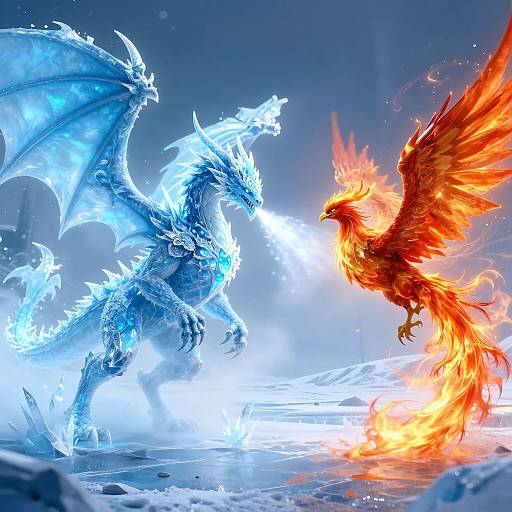 Digital artwork of a fierce blue ice dragon facing a blazing red phoenix in a snowy, icy landscape. Bright contrast of colors and intense energy.
