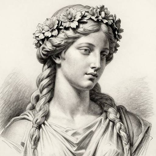 Black-and-white pencil drawing of a serene, classical-style woman with long braided hair, a floral crown, and draped clothing.