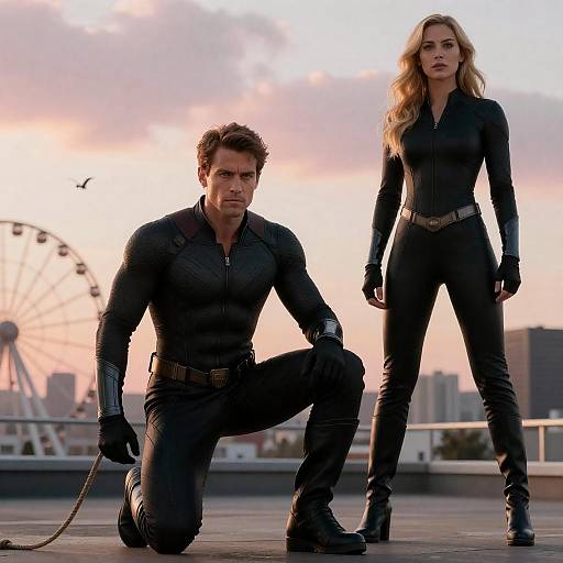 Man and Woman in Black Superhero Outfits at Sunset