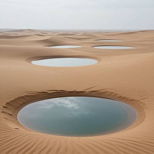 Photograph of a desert landscape with three large, circular, sunken windows in sandy dunes, revealing a clear blue sky.