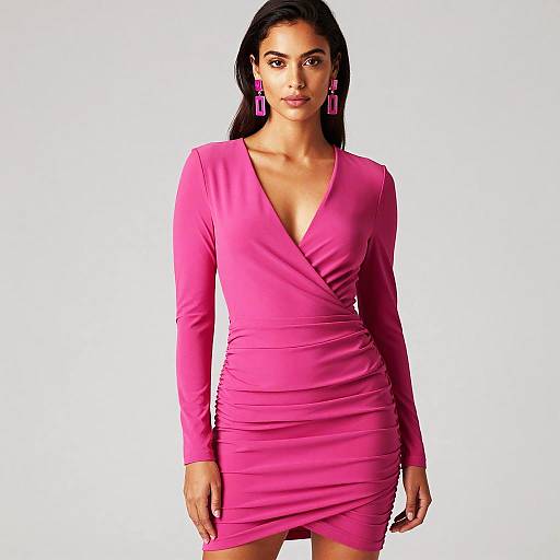 Woman in Fuchsia Ruched Wrap Dress