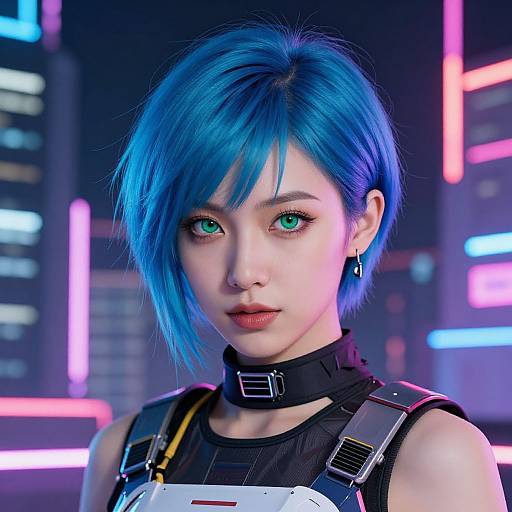 Digital portrait of an anime-style woman with vibrant blue hair, green eyes, wearing a black choker and futuristic harness, set against a neon-lit