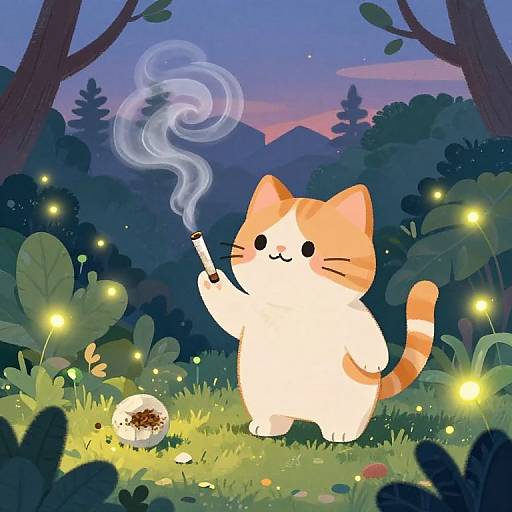 Cute, cartoon-style orange and white cat with a smoking cigarette, standing in a glowing, twilight forest with fireflies and a decorated egg. Digital