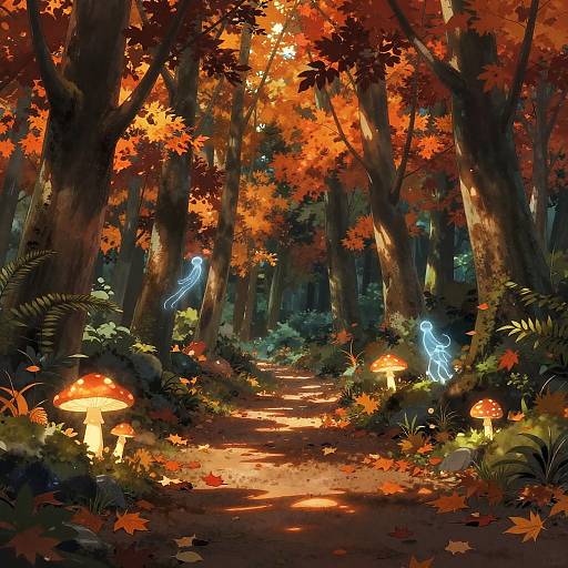 Digital painting of a vibrant, autumn forest path with glowing blue fairies, orange mushrooms, and fiery red-orange leaves, illuminated by sunlight filtering through tall