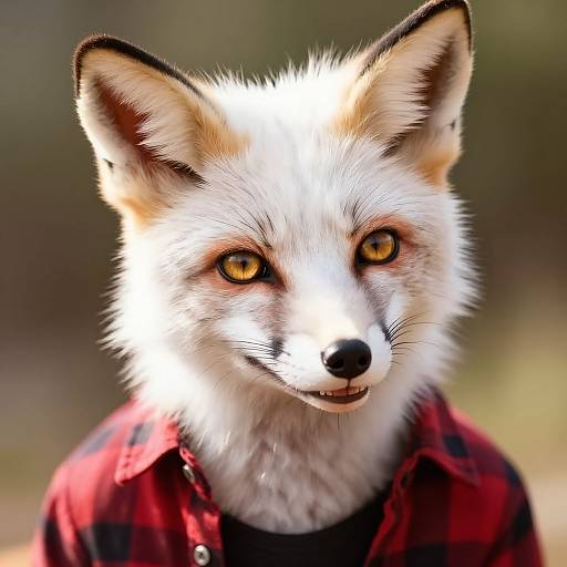 Photograph of a white-furred fox with bright yellow eyes, wearing a red plaid shirt, against a blurred green and brown background.