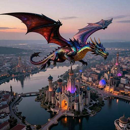 Digital artwork of a vibrant, multi-colored dragon soaring above a luminous, fairy-tale castle city at twilight, with glowing domes and a serene