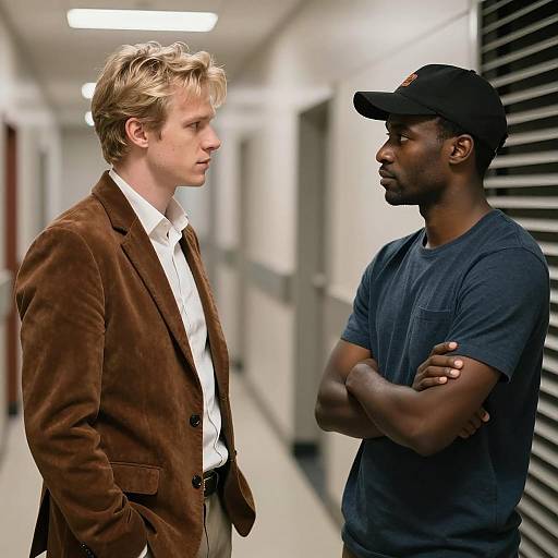 Two Men Conversing in Hallway