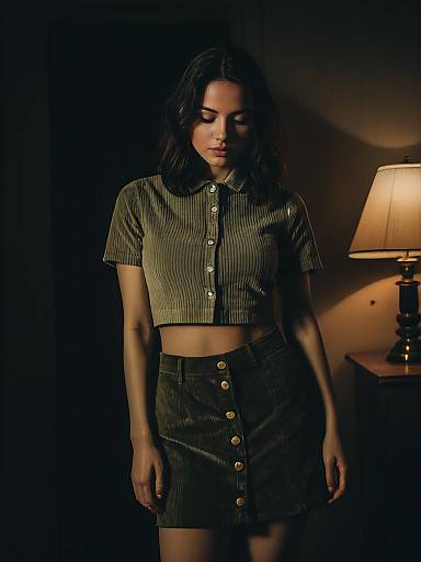 Woman in Beige Crop Top and Olive Green Corduroy Skirt