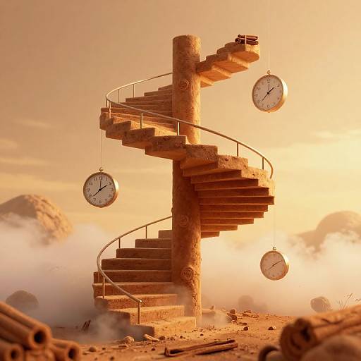 Photograph of a surreal, stone spiral staircase with four floating clocks, set against a dramatic, golden sunset sky with mist and rocks.