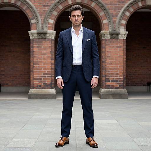 Photograph of a handsome man with dark hair, wearing a navy suit, white shirt, brown shoes, standing in front of a brick archway.