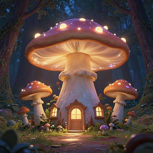 Luminescent Mushroom House in Enchanted Forest