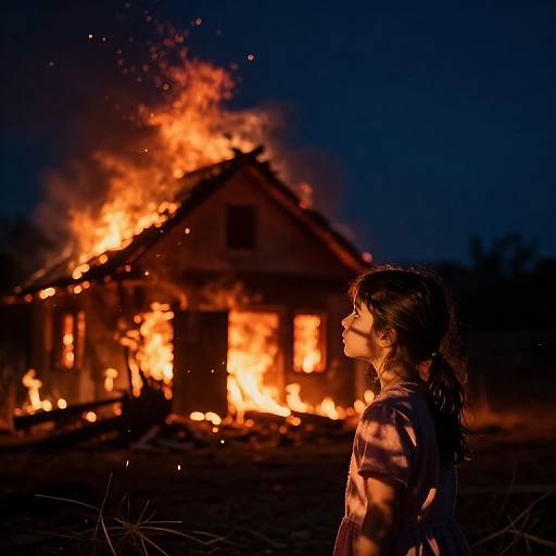 Photograph of a young girl with dark hair, wearing a striped shirt, standing in shadowy foreground, watching a burning house with bright orange flames against