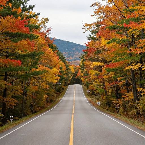 Photograph of a straight, empty road with yellow centerline, flanked by vibrant autumn trees in red, orange, and yellow, leading to a