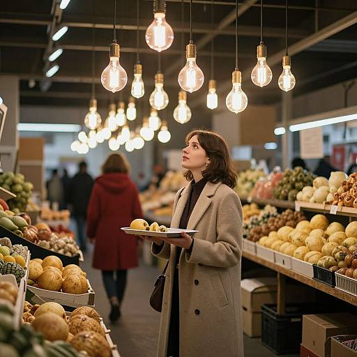 Photograph of a brunette woman in a beige coat, holding a plate of melons, standing in a brightly lit, bustling grocery store with hanging light