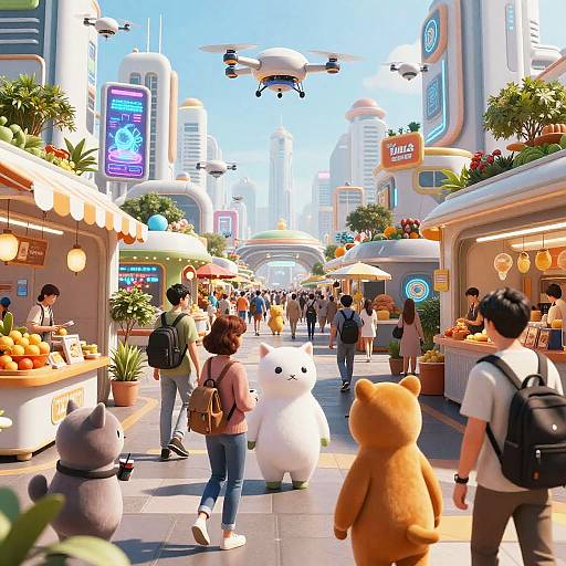 Digital illustration of a vibrant, futuristic street market with drones, plush toys, and diverse people shopping under bright, sunny skies.