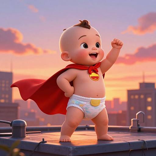 CGI image of a smiling baby Superman in a diaper, red cape, and emblem, standing on rooftop at sunset.