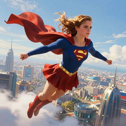 Photorealistic digital image of a blonde, blue-eyed woman with a red cape and blue Superman outfit, flying above a city skyline with skyscrapers
