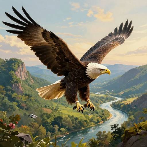 Digital art of a majestic bald eagle soaring over a lush, winding river valley with mountains and a sunset sky.