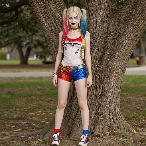 Digital art of Harley Quinn, standing against a tree in a park, wearing her iconic white tank, red and blue shorts, and high-top sneakers.