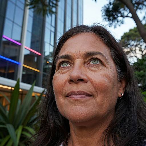 Close-up photograph of a middle-aged woman with green eyes, dark brown hair, and light brown skin, looking upward with a slight smile, against a