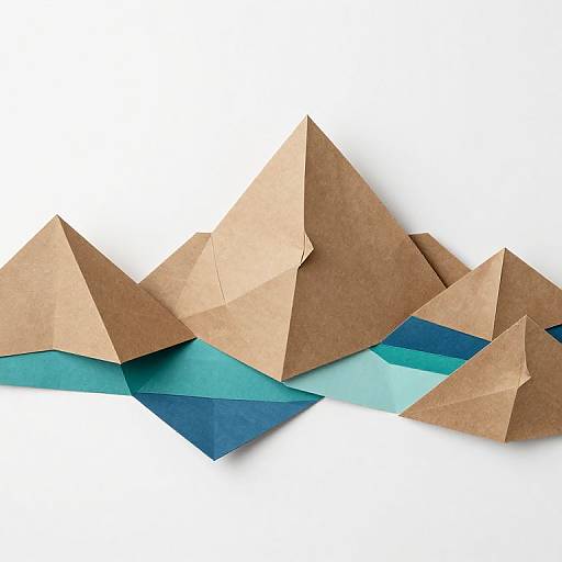 Photograph of brown paper triangles with blue and teal paper accents, arranged in a mountainous formation on a white background.