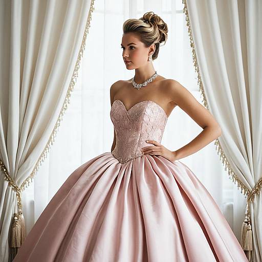 Elegant Young Woman in Pink Strapless Ball Gown