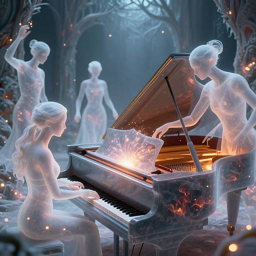 Dreamy digital artwork of ethereal, glowing white female statues playing and dancing around a fiery grand piano in a mystical forest.