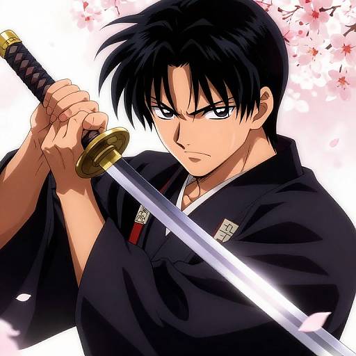 Anime-style illustration of a determined young man with black hair, wearing a black kimono, gripping a katana with a gold hilt, against a