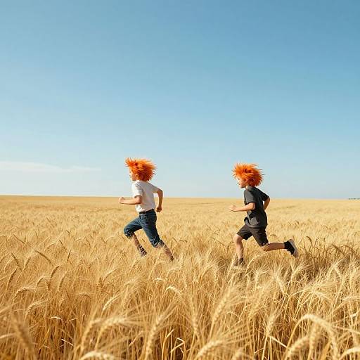 Photograph of two children with bright orange spiky hair, running through a golden wheat field under a clear blue sky.