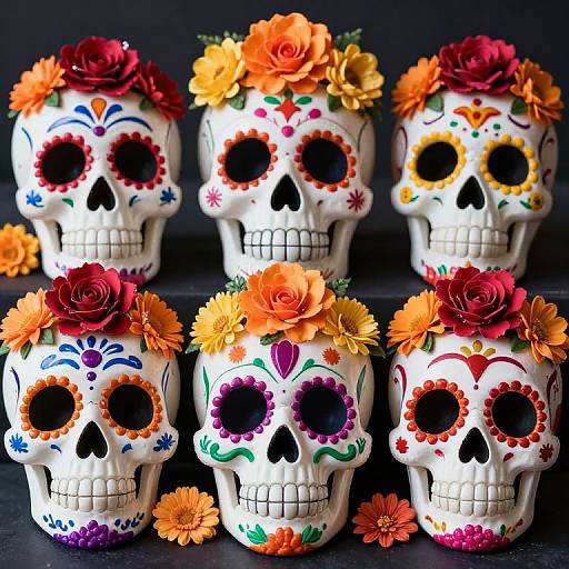 Photograph of five colorful sugar skulls adorned with orange and red flowers, featuring intricate floral and dot patterns on white backgrounds.