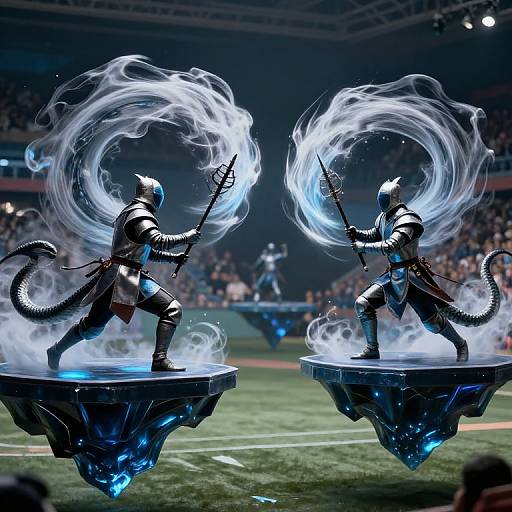 Digital artwork of two fantasy warriors with dragon-like features, wielding glowing blue fire, standing on floating platforms in a stadium.