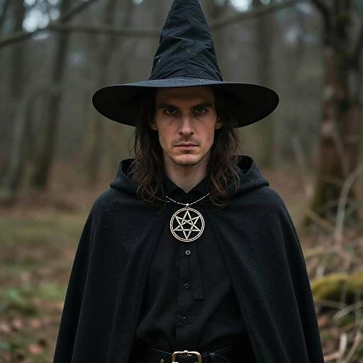 Photograph of a serious, pale-skinned man with long brown hair, wearing a black witch hat, cloak, and pentagram necklace, standing in