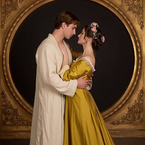 Photograph of a romantic, period-style couple gazing at each other; he in a white, open shirt, she in a yellow, off-