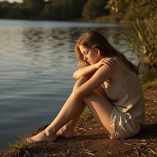 Photograph of a young woman with long brown hair, sitting by a serene lake at sunset, wearing a beige knit dress, barefoot, hugging