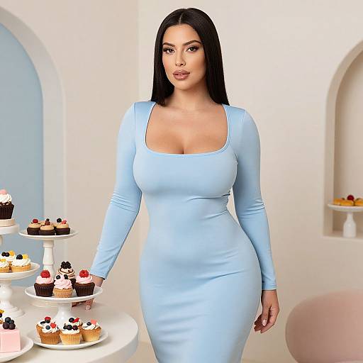 Photorealistic CGI of a curvy woman with long black hair in a tight, light blue dress, standing in a bright room with a tiered