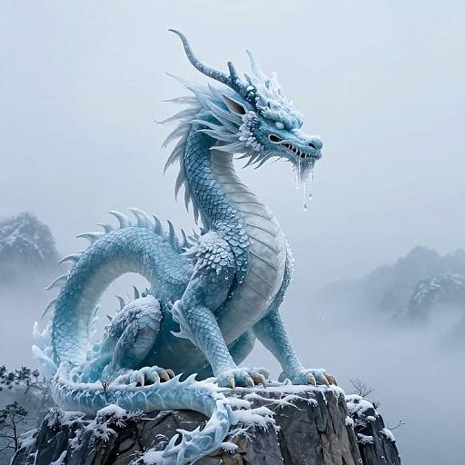 Photorealistic CGI of a majestic, blue-scaled dragon with icy white horns and scales, sitting on a snowy mountain peak.