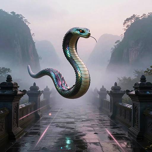 Iridescent Serpent Over Mystical Temple