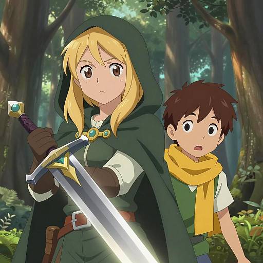 Fantasy anime characters with glowing sword in forest